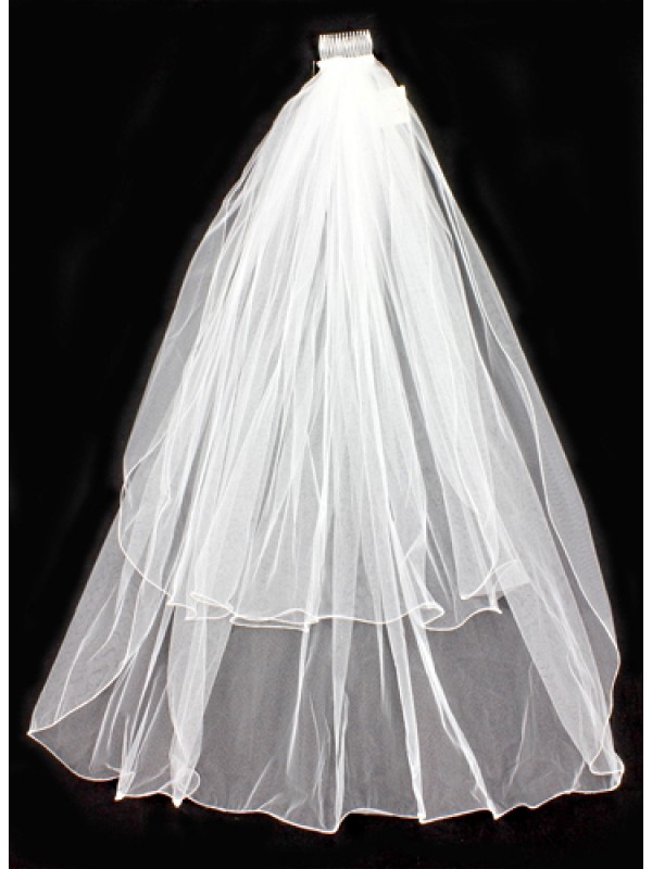 Veil - Plain Tulle - Double Layer with Zig-zag Hem Stitches  - 25" - VL-8901-25-WT